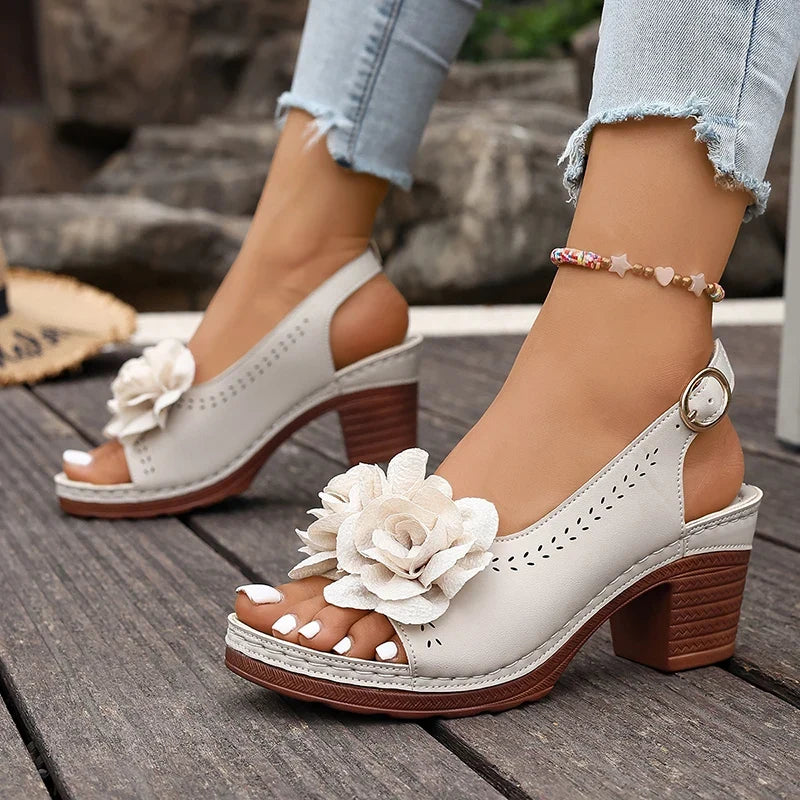 Summer Flower Decor Thick Heeled Sandals Women Plus Size 43 Lightweight High Heel Sandals Woman Back Strap Peep Toe Sandles 2026