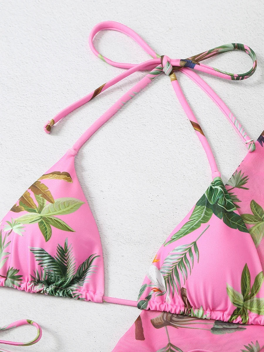 3 Pieces Printed Halter String Bikini 2026 Women & Kimono Swimwear Female Swimsuit Beachwear Bathers Bathing Swimming Swim Suit