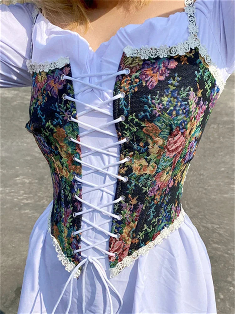 Women Retro Jacquard Corset Lace Floral Trim Bandage Bustier Crop Tops Boat Neck Irregular Camisole Tank Tops Female