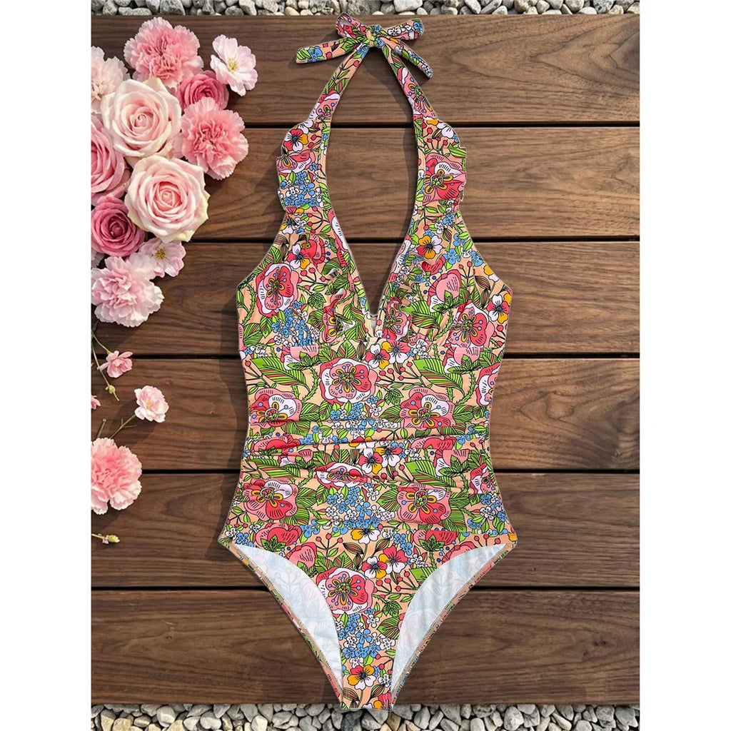 S - XL 2026 Flower Printed Floral V Neck Women Swimwear One Piece Swimsuit Female Halter Monokini Bather Bathing Suit Swim V8221