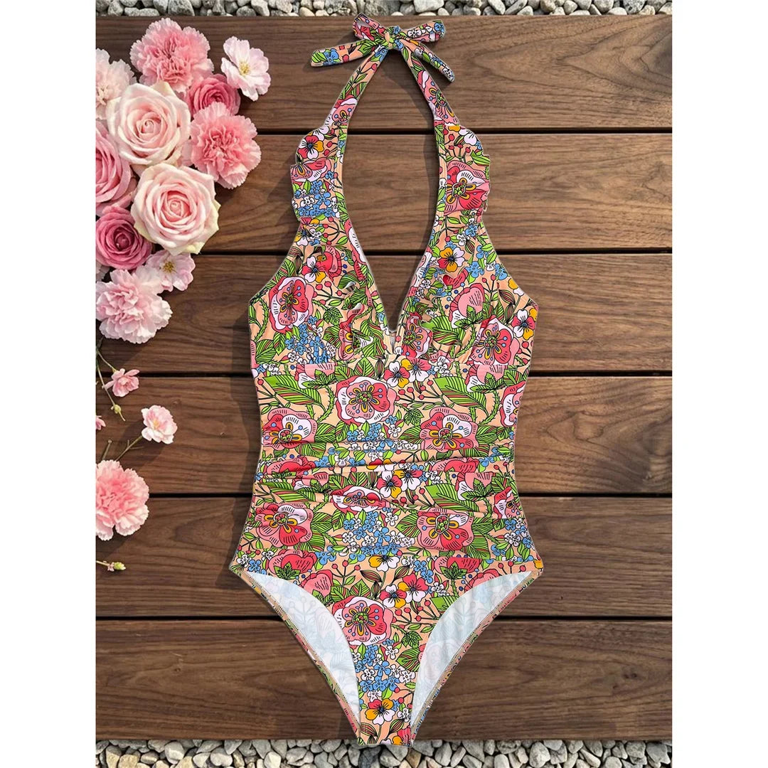 S - XL 2026 Flower Printed Floral V Neck Women Swimwear One Piece Swimsuit Female Halter Monokini Bather Bathing Suit Swim V8221