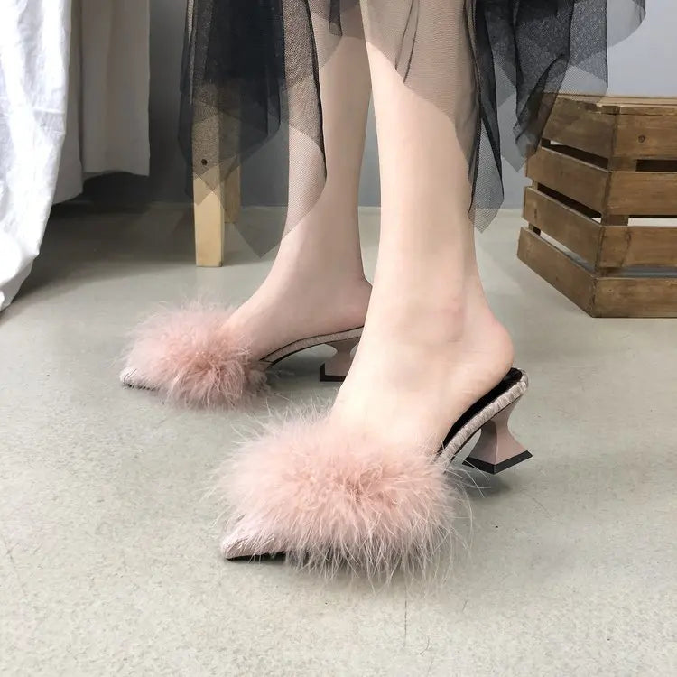 Women's Half Slippers New Summer Sexy Pointed Temperament High-heeled Slippers Female Fashion Furry High Heels Solid Slides