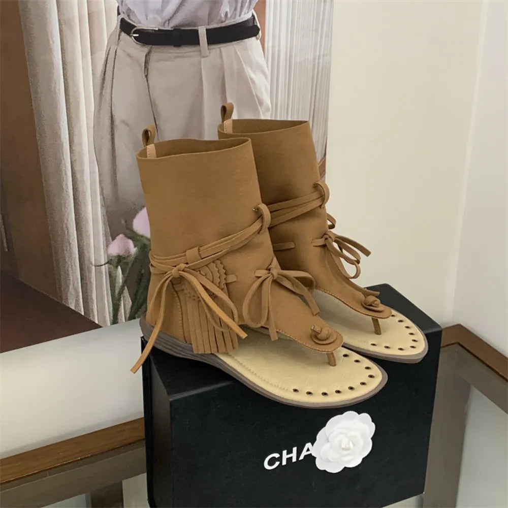 Summer Fashionable Flat Bottom Women's Gladiator Roman Short Ankle Cool Boots Korean Style Tassel Retro Sandals 2026