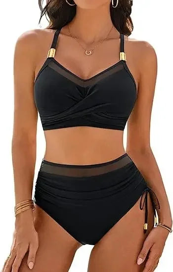Sexy Fashionable Mesh Splice Drawstring Ladies Bikini Set Swimsuit New High Waist Trending Swimsuit Beach Bathing Suit