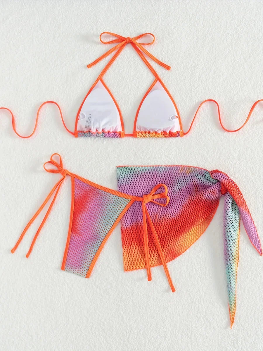 3PCS Printed with Mesh Skirt Halter Bikini Women Swimsuit Female Swimwear Three-pieces Bikini Set Bathing Suit Swim Beachwear