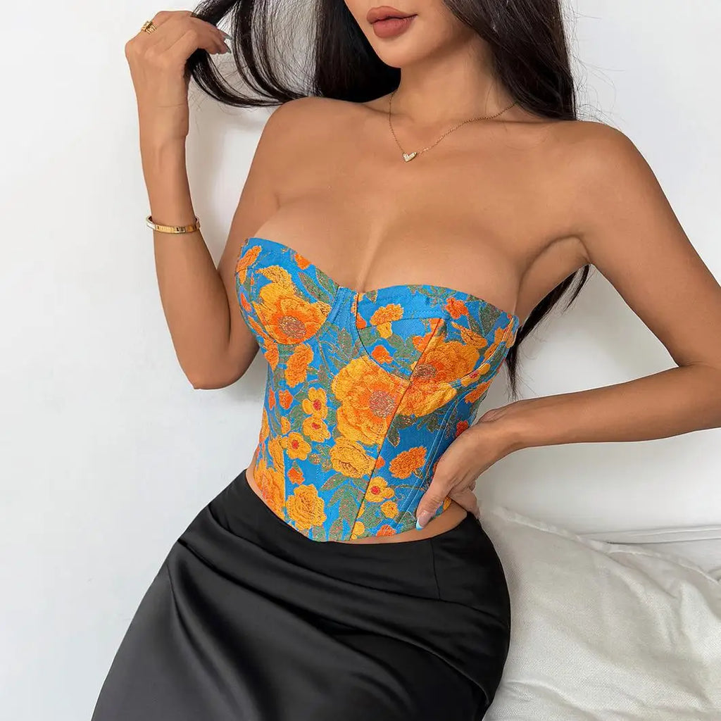 French Retro Jacquard Oil Sunflower Painting Vest Tank Top Women Off Shoulder Slim Fishbone Corset Back Criss Cross Club Tops