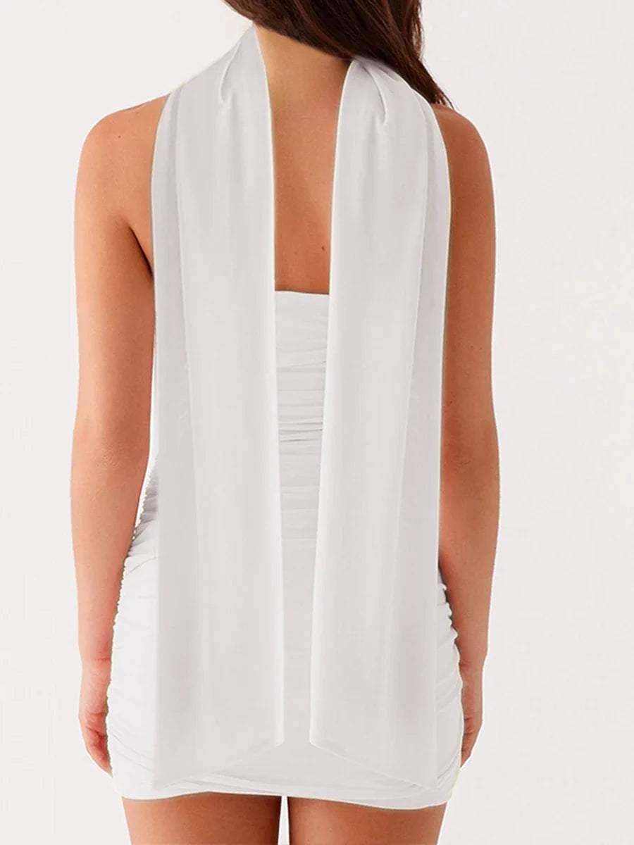 Women Solid Color Ruched Tube Top Dress Summer Slim Off Shoulder Sleeveless Open Back Mini Bodycon Dresses with Scarf