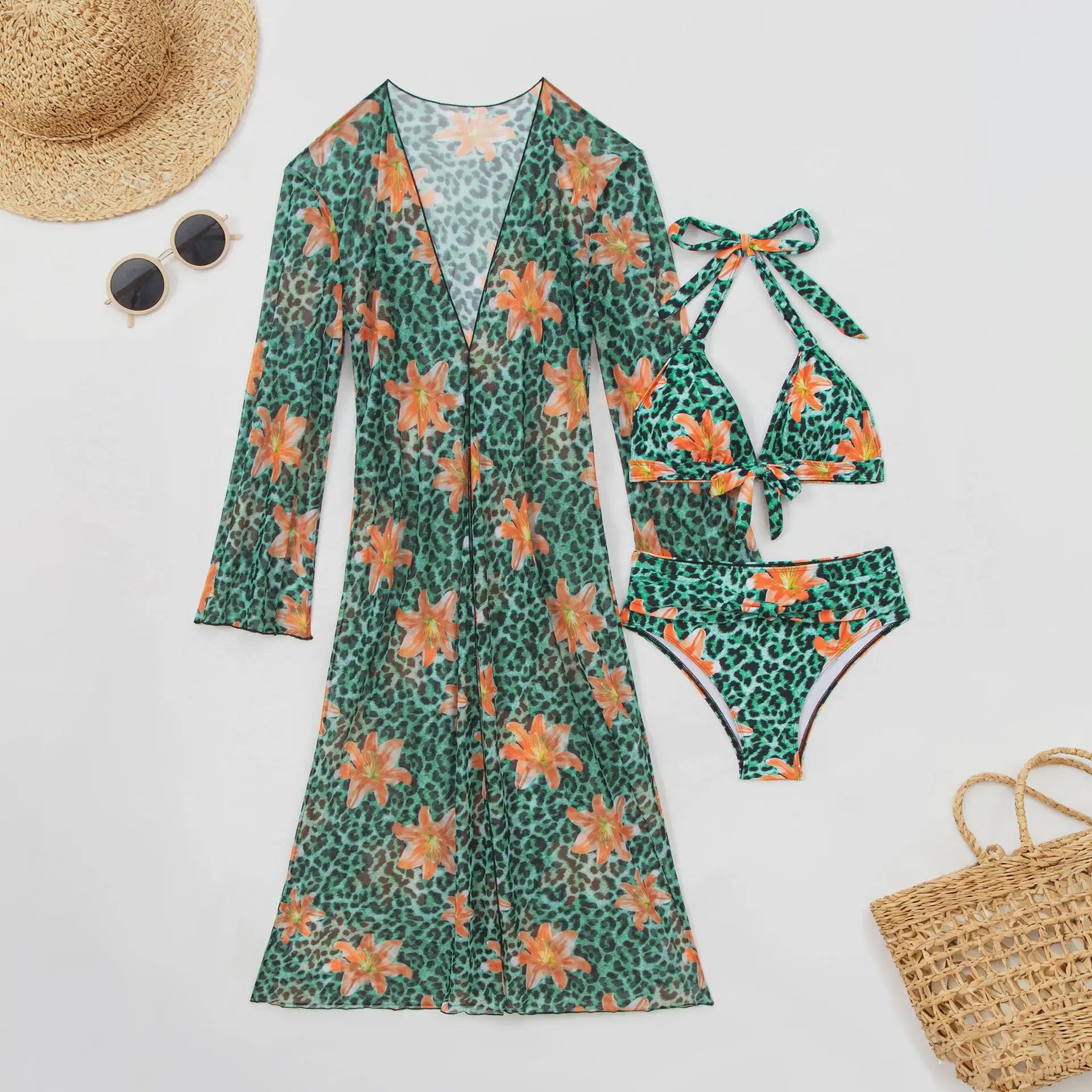 Blue Leopard Print Bikini Set Large Size Women Front Tie Push Up High Waist Swimsuit 2026 Long Sleeve Cover Up 3 Piece Swimsuit