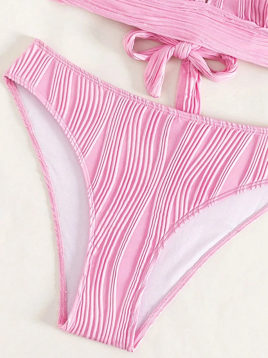 Wrinkled Crinkled Cross Back Bikini Women Swimwear Female Swimsuit Two-pieces Bikini Set High Cut Bathing Suit Swim Beach Wear