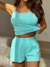 2pcs Women’s Loungewear Set Solid Color Ribbed Camisole Top and Shorts Stretchy Spring Summer Pajama Homewear