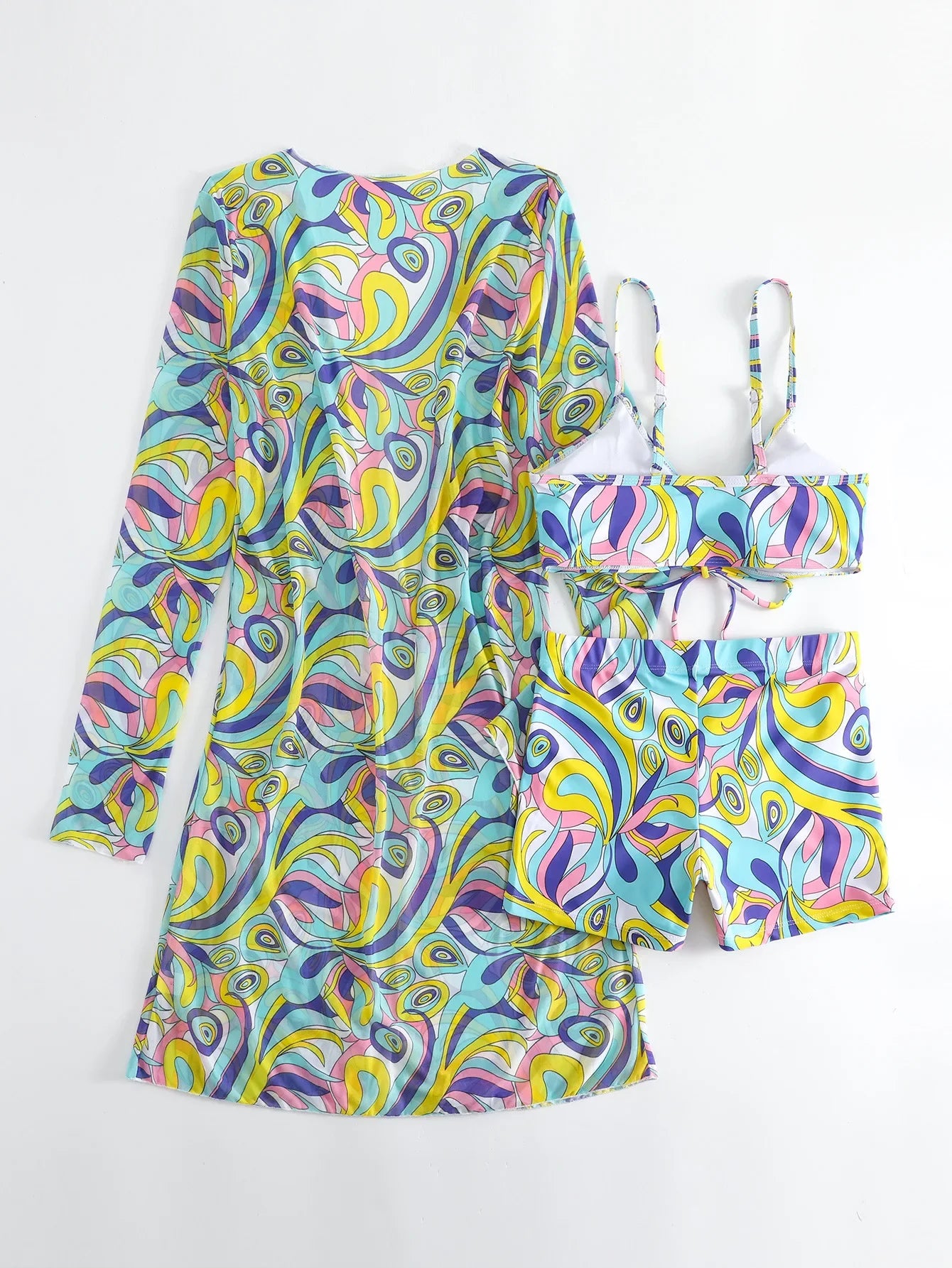 New Sexy 3 Pieces Suit for Women Neck Hanging Bikini Set+Cover-up Swimwear Sunproof Tankini High Waist Shorts Swimsuit Beachwear