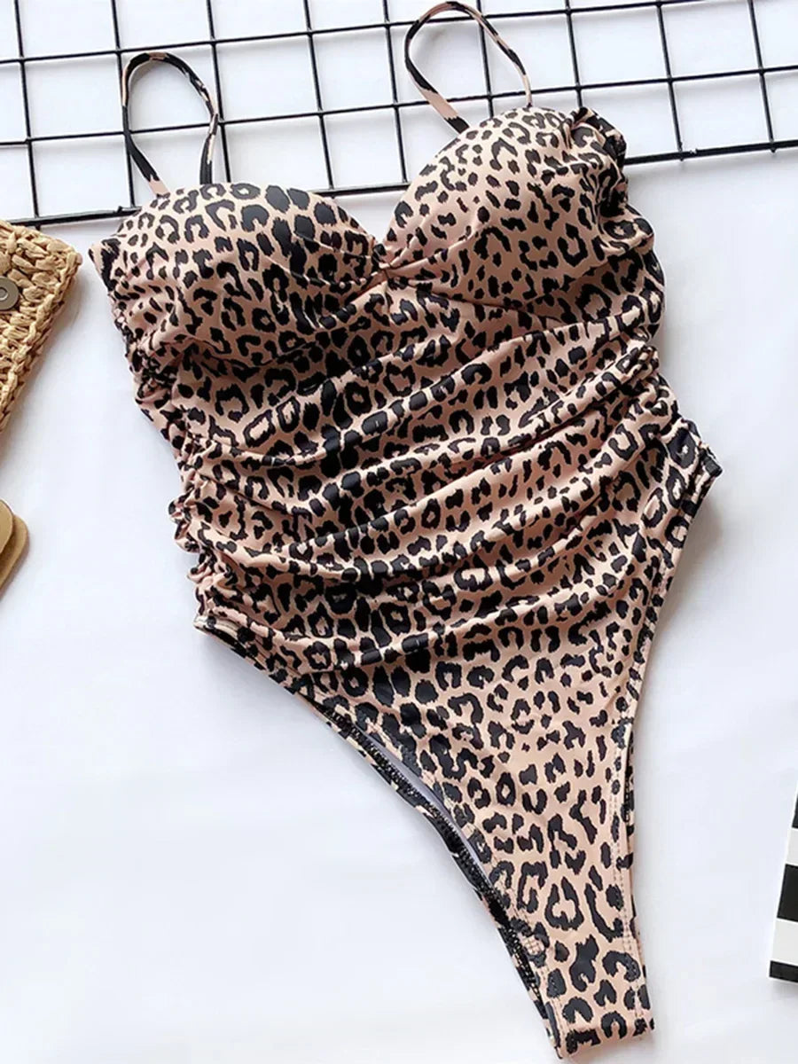 Push Up Bra Cup Leopard Scrunched Women Bandeau Swimwear One Piece Swimsuit Female Monokini High Cut Bathing Suit Swim Bodysuit