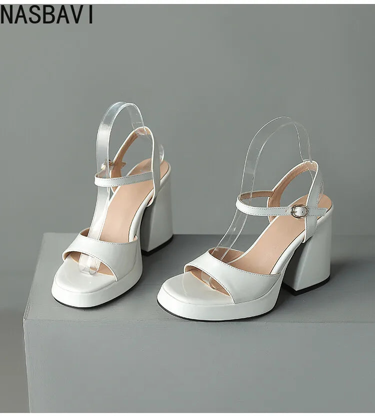 NASBAVI Women Patent Leather Sandals Super Chunky High Heeled Ankle Buckle Shoes Platform Summer Thick Heel Sandal Ladies 35-43
