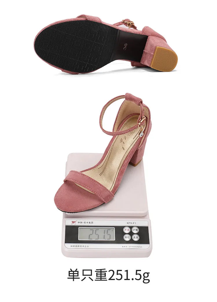 Beige Suede Ankle Strap Block Heel Sandals for Women, Round Open Toe with Rhinestone Accent, Multiple Colors Available
