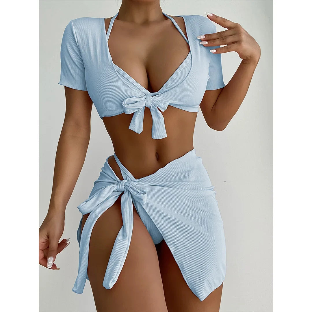 XS - L Ribbed Halter Bikini Women Swimwear Female Swimsuit Four-pieces Bikini set With Sarong Bather Bathing Suit Swim V3152B