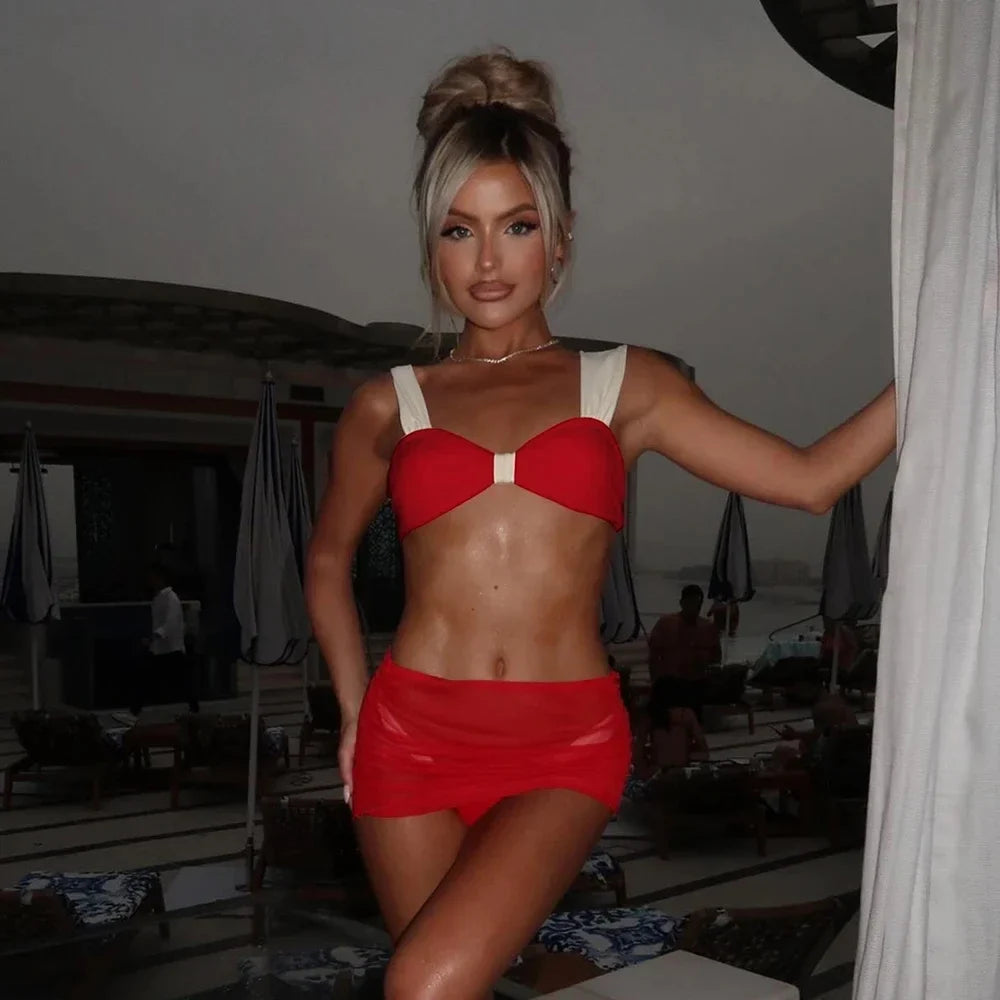 3 Pieces Bikini Set Wiht Mini Skirt Women Swimwear 2024 Sexy Bikinis Push Up Beachwear Solid Bodysuit Micro Thong Biquini Female
