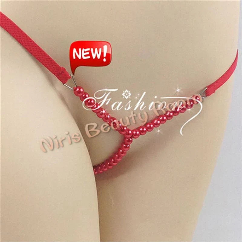 DEKA Elastic Crotchless High quality Real Pearl Thongs Women Low-Rise Hollow Sexy G-string Female Erotic Panties Underwear