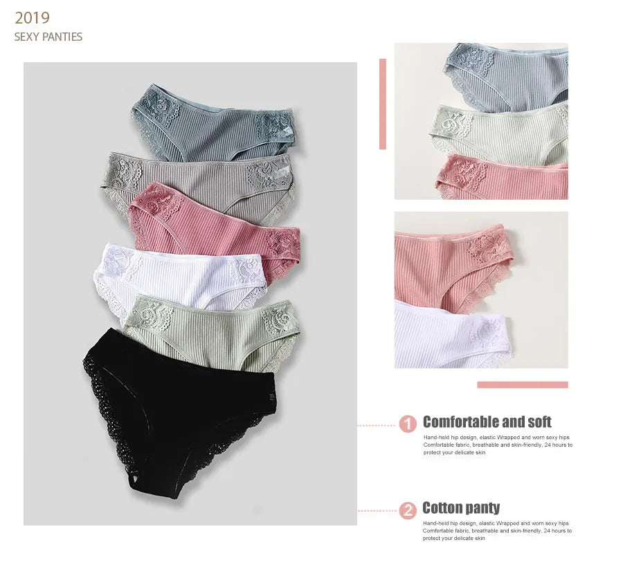3Pcs/set Women's Cotton Panties M-2XL Women Patchwork Lace Underwear Sexy Low Waist Briefs Ladies Comfortable Underpants 2022
