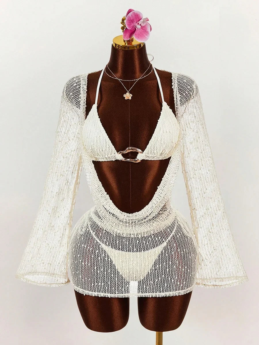 Long Sleeve Mesh Sheer Cover Up Halter Bikini Female Swimsuit Women Swimwear Three-piece Bikini Set Bathing Suit Swim Beachwear