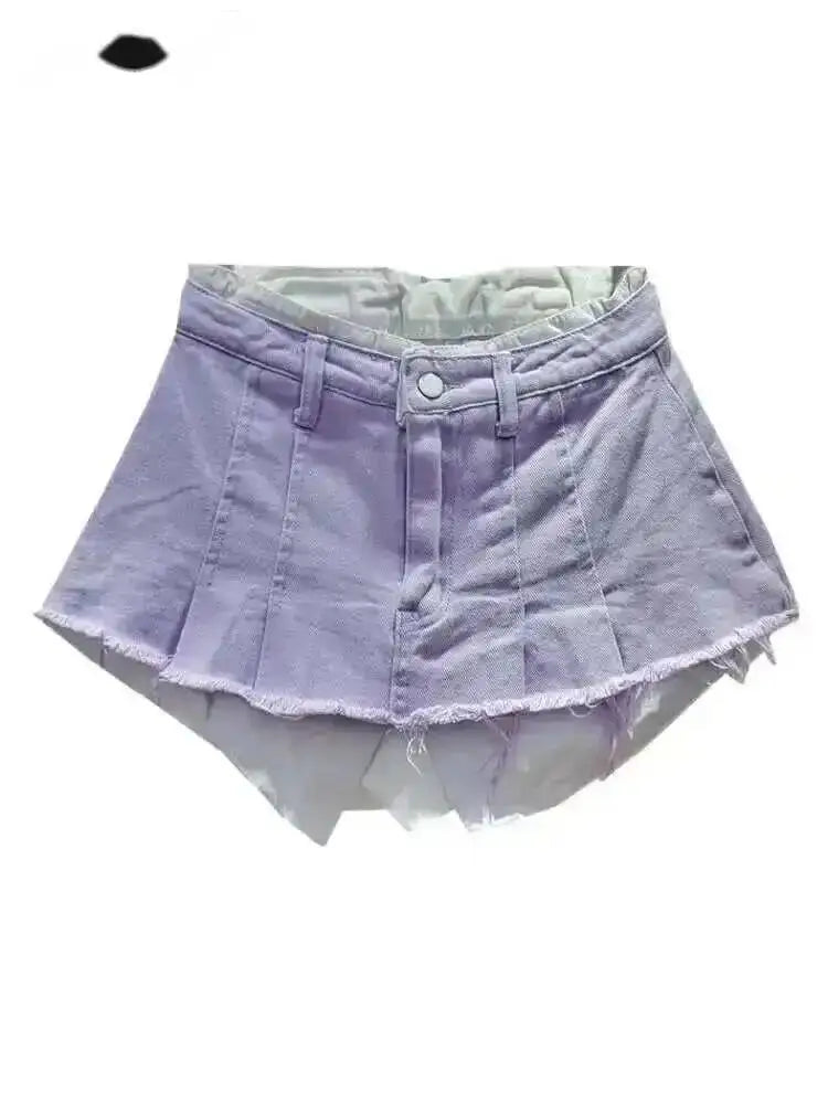 Women's Denim Skirt High Waist Pleated Patchwork Contrast Color Big Pockets Burrs A-line Mini Skirt 2026 Summer New SKIRTS 7W7E