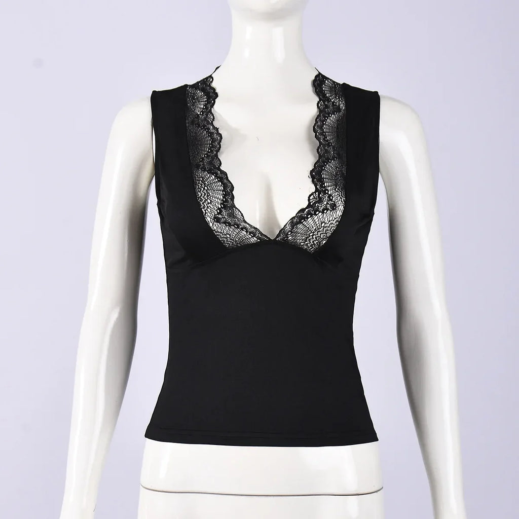 2026 Spring Summer New Arrival Elegant Sleeveless Women's Short Top Chic Fitted Lace-Panel Deep V-Neck Crop Tank Top Commute