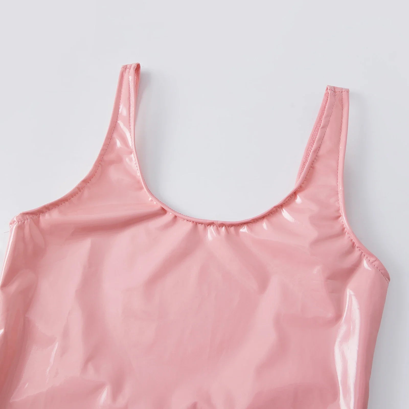 Women's Summer Solid Color PU Leather Slim Fit Dress Fashionable Sleeveless Round Neck Belted Tight Fitting Mini Dresses