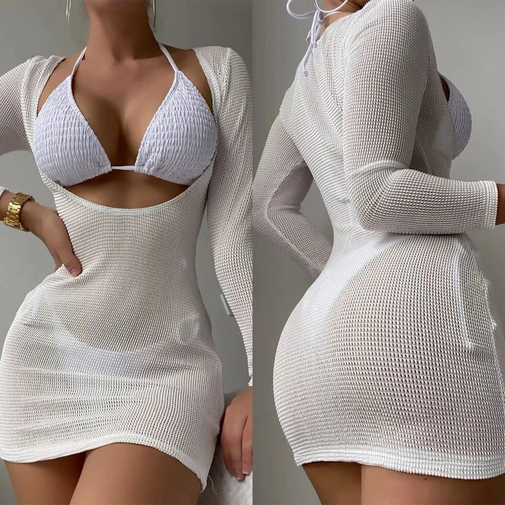 2026 Beach Skirt Swimsuit Women White Three-Piece Bikini Sexy Mesh Long Sleeve Hollow Out Bathing Suit Swimwear Summer Beachwear