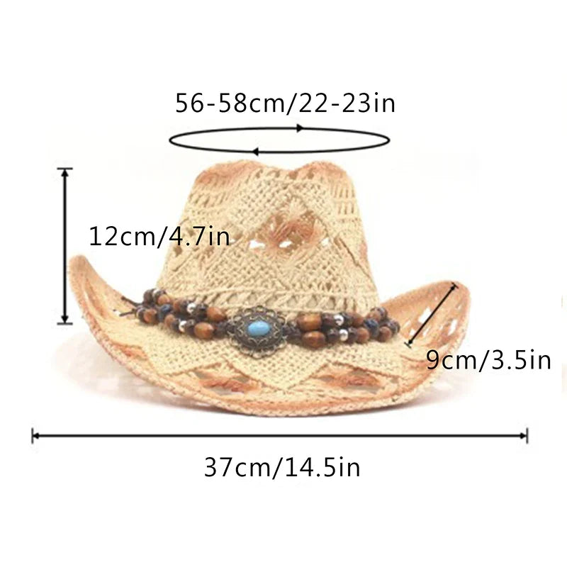 Women Cowboy Hat Creative Curled Straw Hollow Design Ethnic Style Beads Chain Decoration Shade Straw Hat Summer Sun Cap