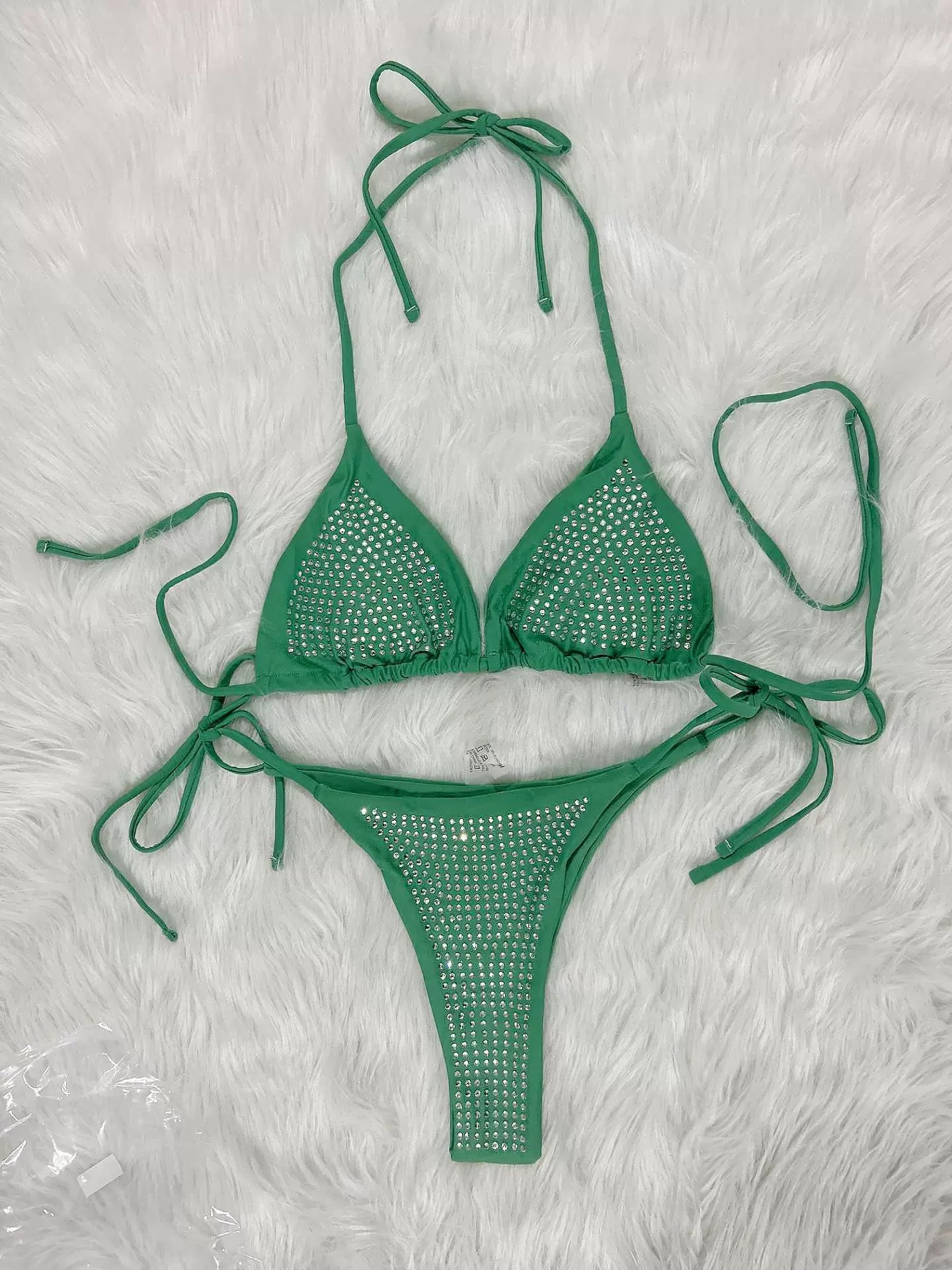 DEKA Rhinestone Beige Bikini Set Women Luxury Drill Halter Black Lace Up Micro Swimsuit Brazilian Bathing Suit Triangle Swimwear