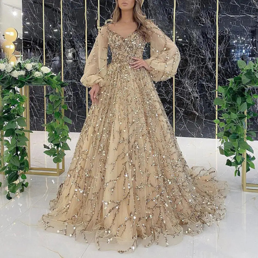 Women Evening Dress Lantern Sleeve V Neck Shiny Sequin A-line Double-layered Floor Length Mesh Cocktail Party Dress Prom Gown