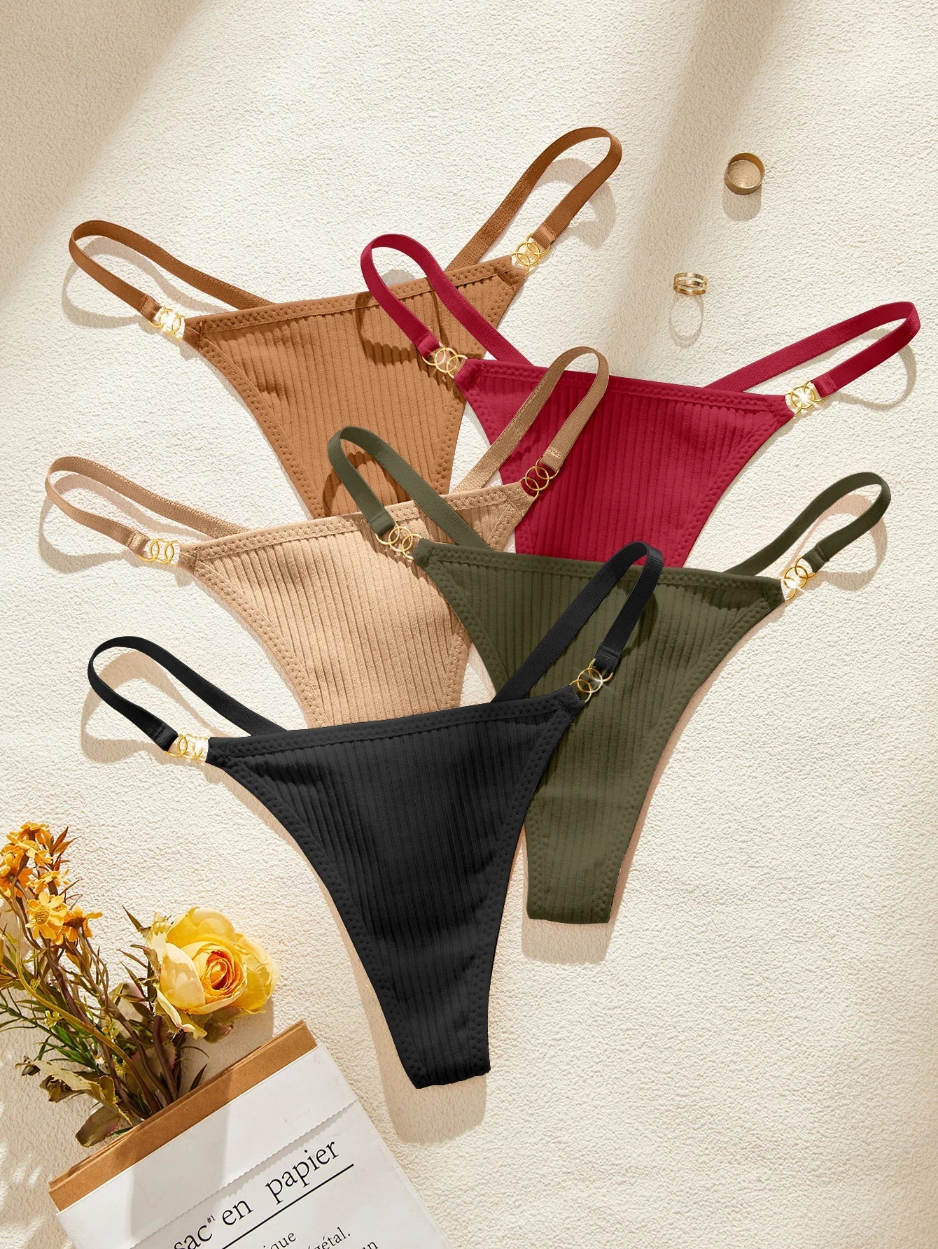 5PCS/Set Solid Women's Thongs Sexy Low Rise Seamless Panties Ribbed Lingerie Comfy Women's Underwear Set