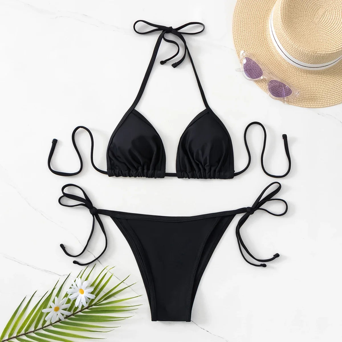 Black Sexy Bikini Split Swimsuit Set Tie-Up Neck Adjustable Straps Beachwear for Women