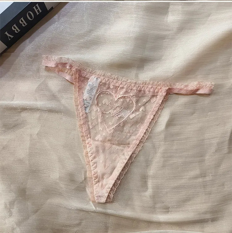 Embroidery Heart Sexy Girls Panties Women Briefs Thong Lace G String Underwear Thin Transparent Low Waist Female Lingerie