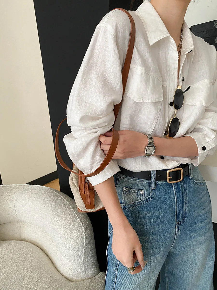 Women White Linen Blend Button Down Shirt Turn Down Collar Chest Pocket Loose Fit Blouse For Summer And Vacation Outfit KY7U