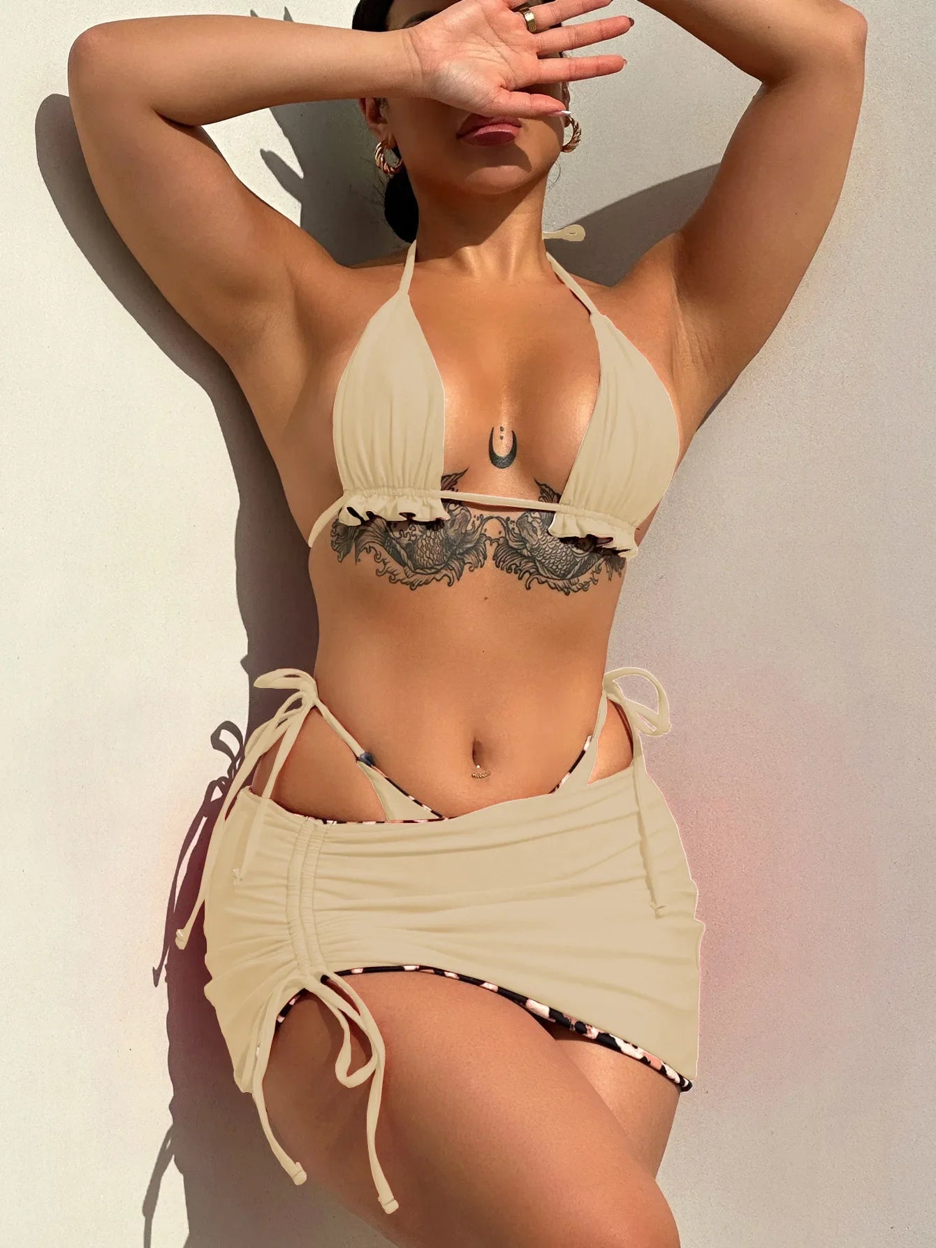 2026 Summer Leopard Print 3 Pieces Suit Swimwear Reversible Sexy Halter Lace-up Bikini Set Drawstring Skirt Cover Up Beachwear