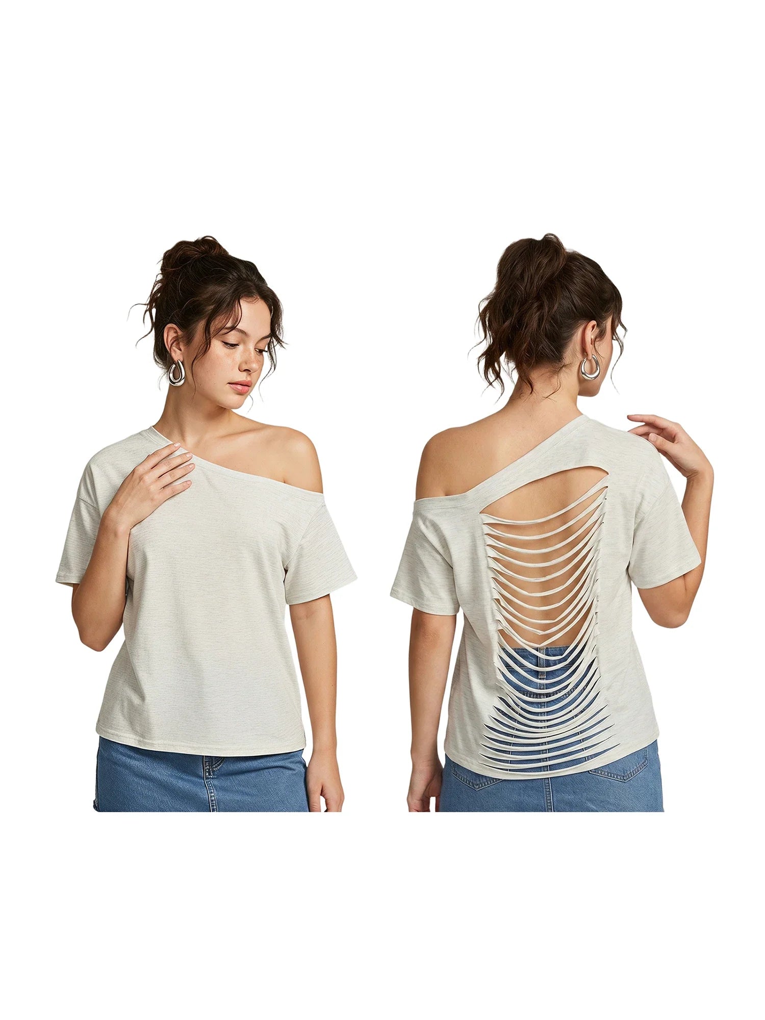 Women's Ripped Backless T-shirt Off Shoulder Short Sleeve Loose Fit Tee Tops Solid Color Shirts for Party Club Gothic Summer
