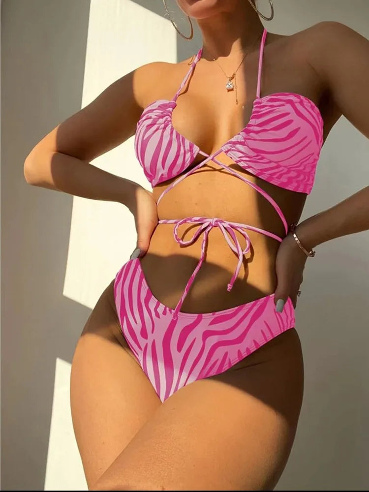 3pack Zebra Stripe Bikini Women Lace Up Swimsuit Beach Skirt 2026 Swimwear Female Padded Bathing Suit Swimming Beachwear Summer