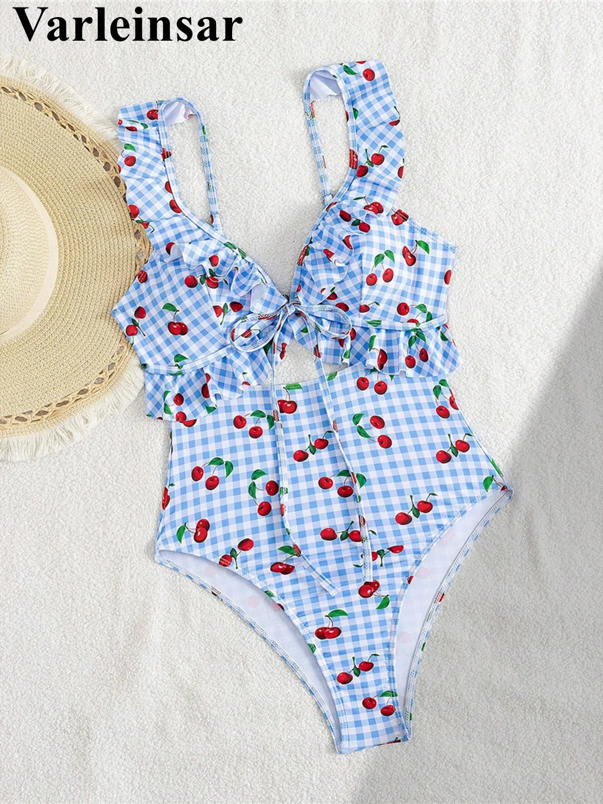 S - XL Cherry Printed Plaid Cut Out One Piece Swimsuit Women Swimwear Female Frilled High Leg Cut Bather Bathing Suit Swim V7557