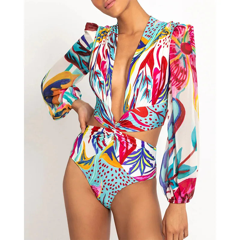 One Piece Swimsuit Sexy Long Sleeve Tropical Print Swimwear Women Bandage Monokini Hollow Out Bathing Suit String Beachwear 2023