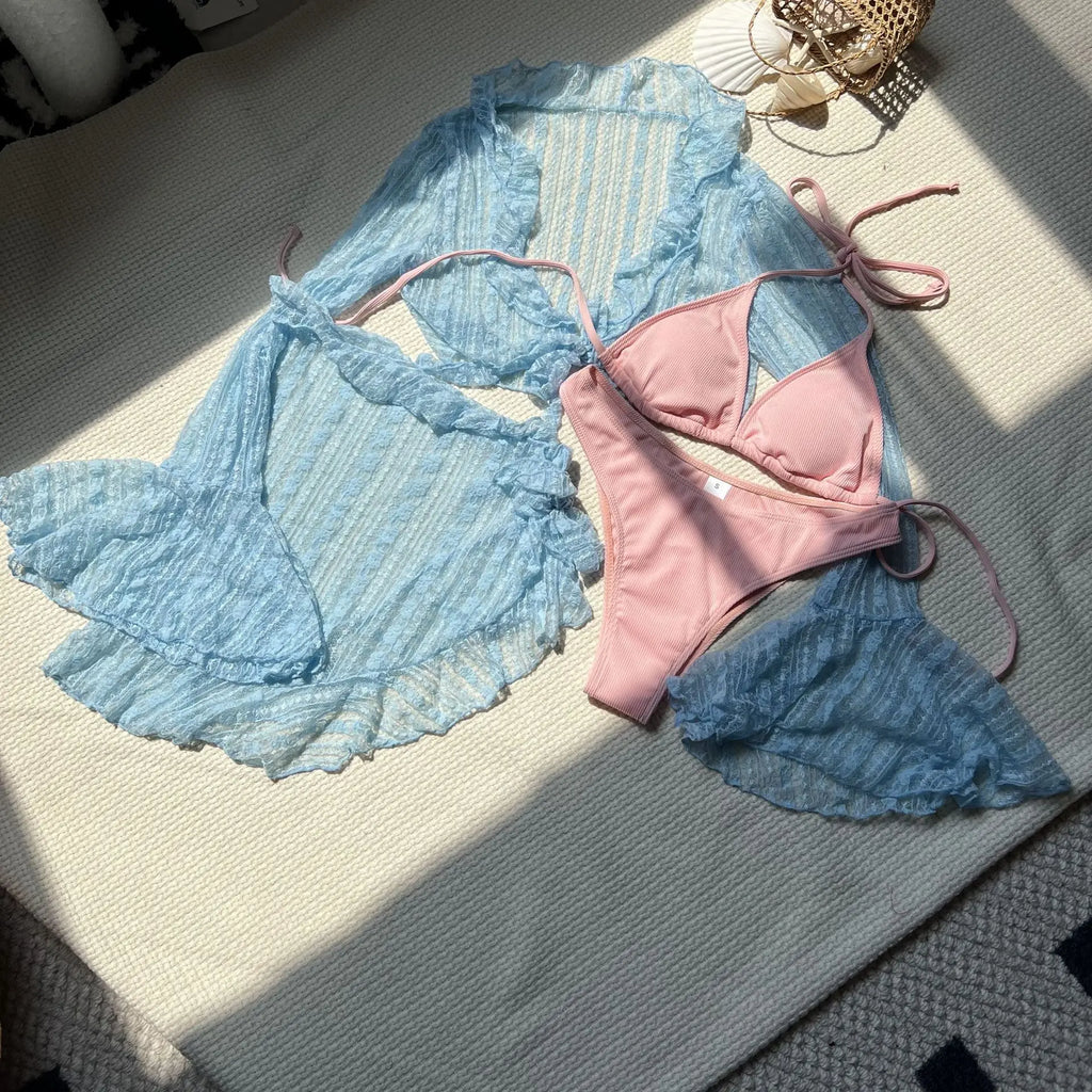 Women micro mini string bikini sets 4 pieces with mesh cover ruffles tops and skirt swimsuit bathing suit beach outfits biquini