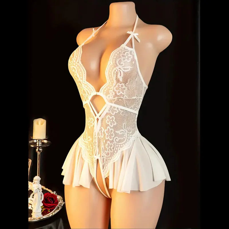 Sexy Crotchless Lingerie For Hot Adult Women White Front Buckle Bra Neck Erotic Babydoll Costume Open Night Dress Porn Underwear