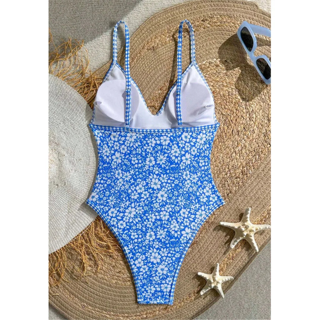 S - XL Flower Floral V Neck One Piece Swimsuit Women Swimwear Female Monikini High Cut Leg Padded Bather Bathing Suit Swim V8079