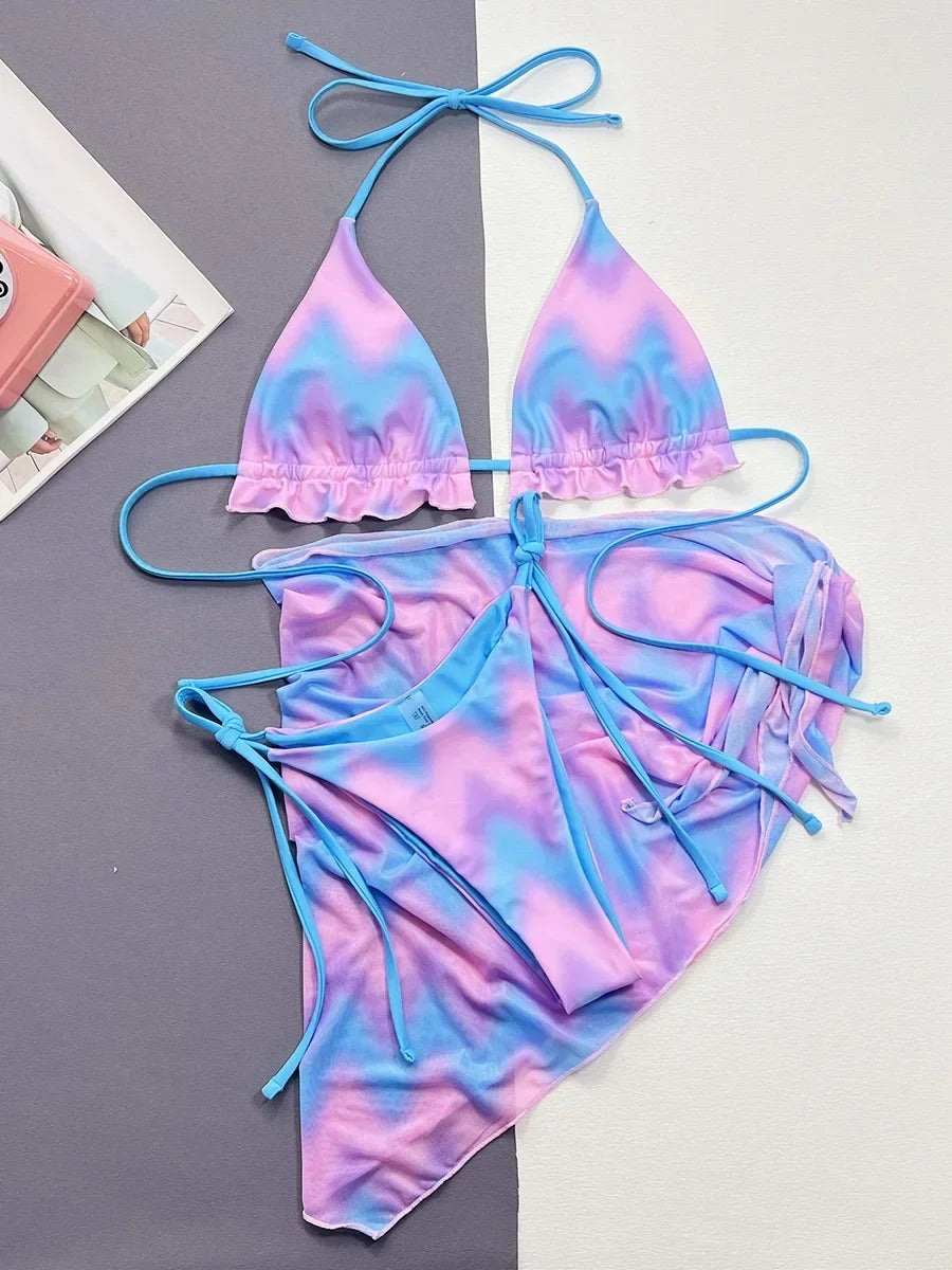 With Sarong Halter Ruffled Tie Dye Bikini Women Swimwear Female Swimsuit Three-pieces Bikini Set Bathing Suit Swim Beachwear