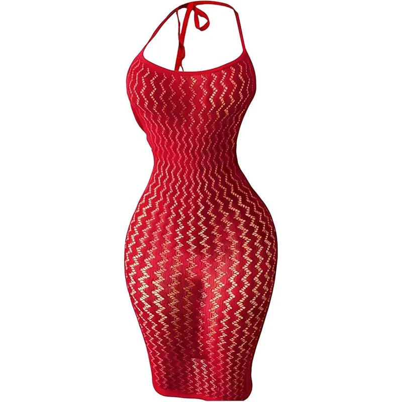 1PC Women Sexy Fishnet Beach Cover Up Hollow Out Bodycon Dress See Through Summer Swimwear