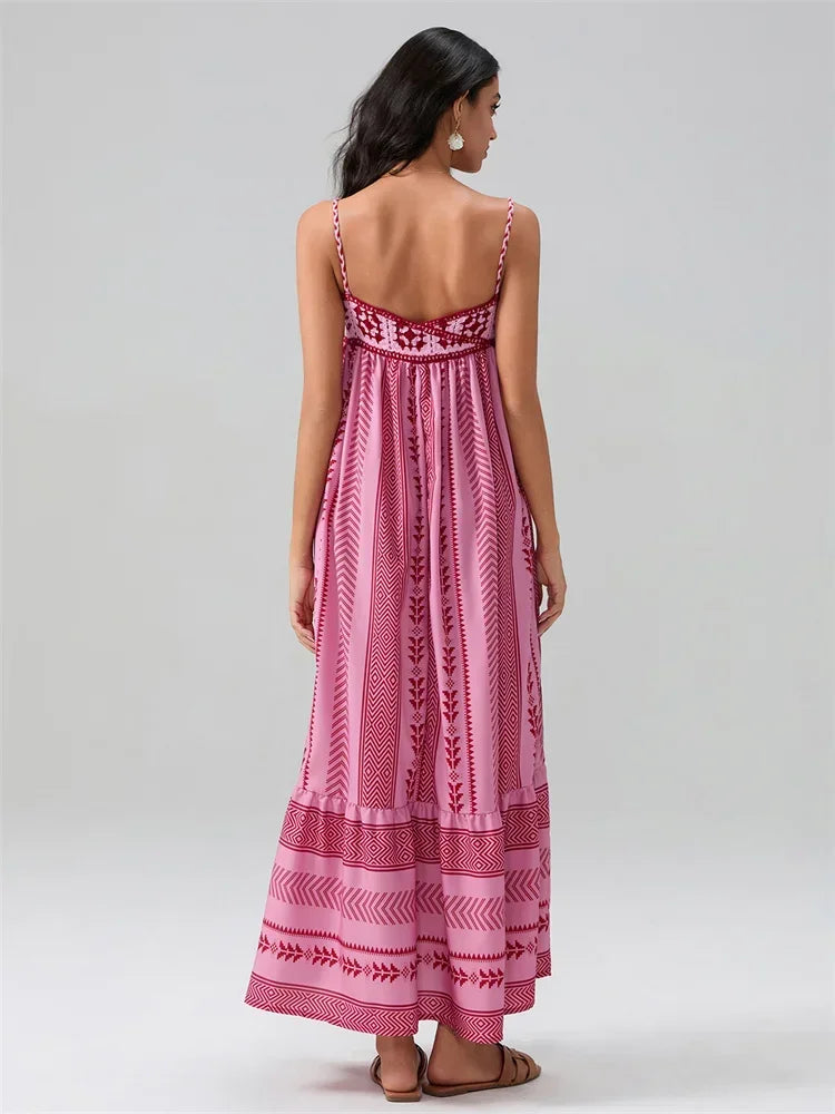 Women Summer Sleeveless Flowy Dress Geometric Print Knit Corset Ruffle A-line Long Dress Casual Party Bohemian Streetwear
