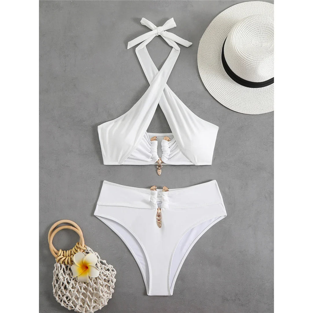 2026 Halter Cut Out High Waist Bikini Female Swimsuit Women Swimwear Two-pieces Bikini set Padded Bather Bathing Suit Swim V6256