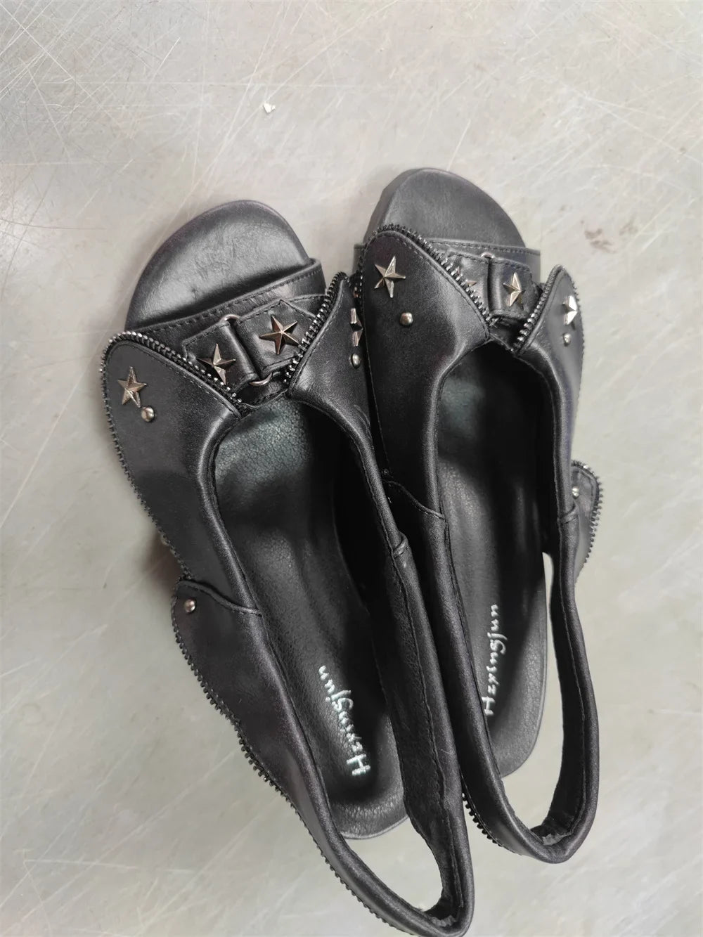 Brand New Women's Y2K Star Rivet Platform Sandals 2000's Peep Toe Slingback Chunky Heel Distressed Denim High Heeled Shoes