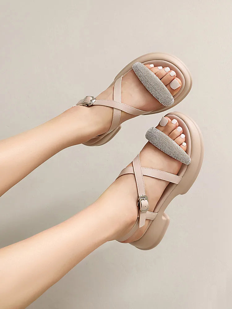 Summer High Heel Sandals Women's Outdoor Wear Thick Bottom Lightweight Trendy Small Size Beach Shoes Korean Style Footwear