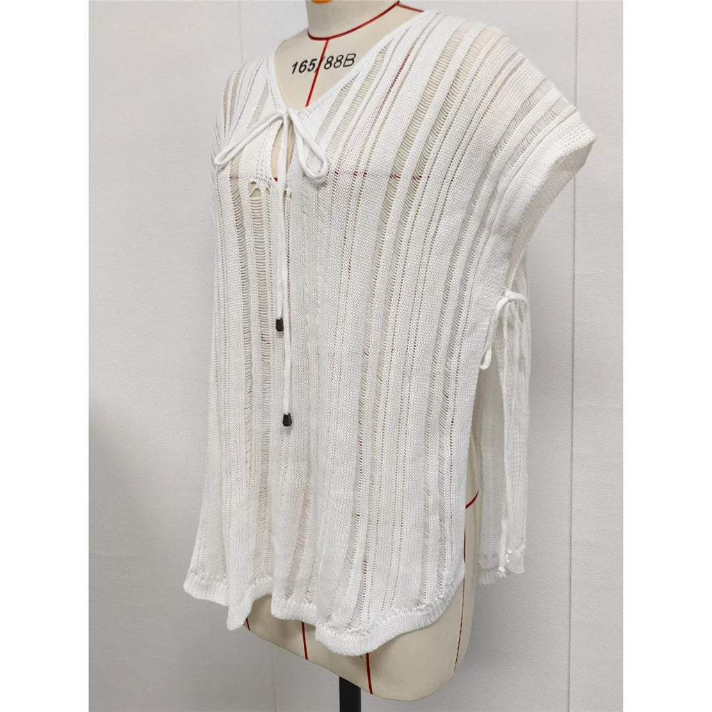 2026 New Short Sleeve V Neck Crochet Knitted Tunic Beach Cover Up Cover-ups Beach Dress Beach Wear Beachwear Female Women V8211