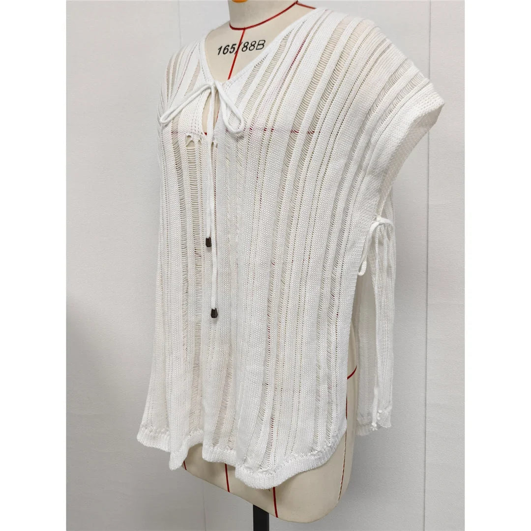 2026 New Short Sleeve V Neck Crochet Knitted Tunic Beach Cover Up Cover-ups Beach Dress Beach Wear Beachwear Female Women V8211